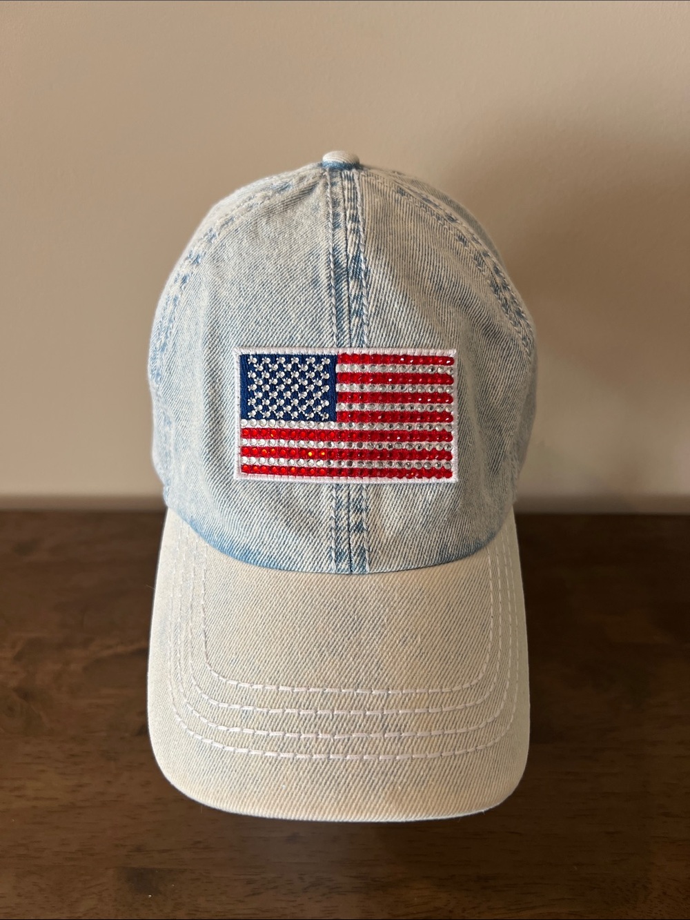 David and Young Light Wash Denim Baseball Cap with American Flag rhinestone